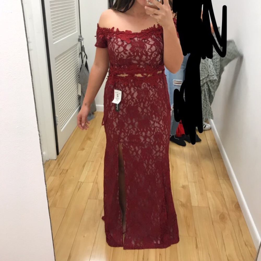 nude and red lace gown
